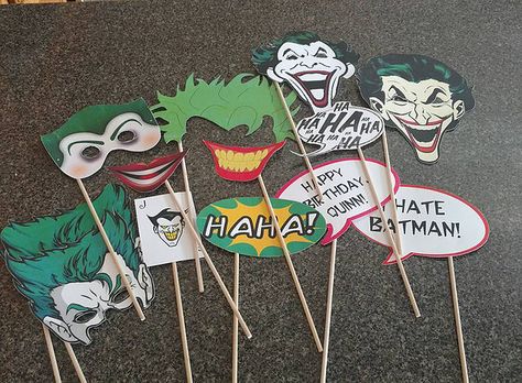 Joker Birthday Party photo props Joker Party Decorations, Joker Themed Birthday Party, Joker Theme Party Ideas, Joker Party Ideas, Joker Birthday Party Ideas, Joker Birthday Party, Joker Decorations, Joker Decor, Joker Birthday