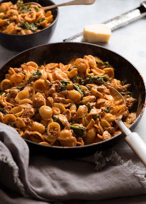 Orecchiette Sausage Pasta in Creamy Tomato Sauce in skillet, fresh off the stove Tomato Sausage Pasta, Orecchiette With Sausage, Sausage Pasta Sauce, Cherry Tomatoes Recipe, Sauce Spaghetti, Cherry Tomato Recipes, Sausage Pasta Recipes, Pasta Noodle Recipe, Italian Pasta Recipes