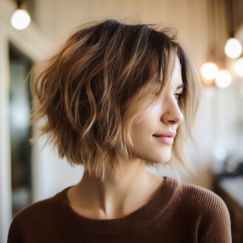 Short Choppy Bob For Thick Hair Texture, Bob Haircut With Layers Short, Chin Length Bob For Thinning Hair, Shaggy Bob Chin Length, Low Maintenance Pixie Bob Haircut, Best Chin Length Haircuts, Textured Chin Bob, Piecy Bob Haircut Short Hairstyles, Chin Length Hair With Fringe