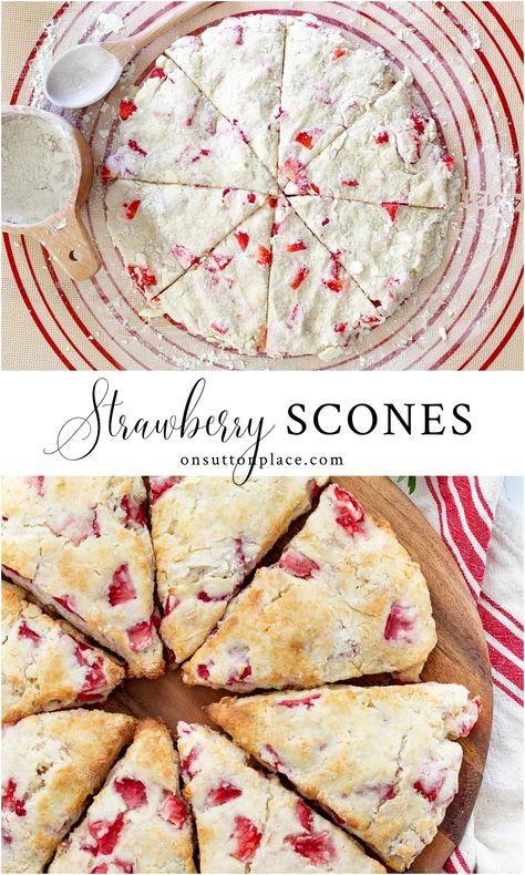 This easy fresh strawberry scones recipe includes step by step directions that result in perfect scones. The finishing touch is a vanilla glaze that adds just the right amount of sweetness! Strawberry Scones Recipe, Perfect Scones, British Scones, Strawberry Things, Strawberry Scones, Coffee Mornings, Fresh Strawberry Recipes, Scone Recipes, Scones Recipe Easy