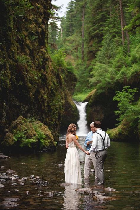 Wedding On The Water Ideas, Wedding By The River Ideas, Small River Wedding, Waterfall Elopement Photography, River Wedding Ceremony, Wedding By The River, Wedding In Water, Creek Wedding Ideas, River Wedding Photos