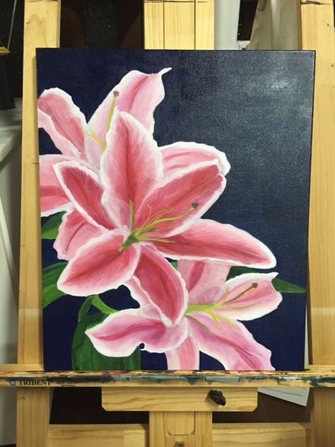 Things To Paint On Black Canvas, Lily Flower Painting, Lilly Painting, Lily Paintings, Flower Acrylic, Lily Painting, Canvas Painting Designs, Art Painting Gallery, Cute Paintings