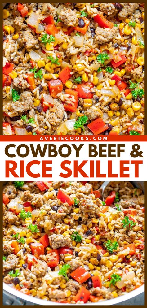 15-Minute Tex-Mex Ground Beef & Rice Skillet - Averie Cooks Beef And Rice Skillet, Ground Beef Rice, Rice Skillet, Beef Rice, Averie Cooks, Skillet Dishes, Hearty Comfort Food, Cowboy Caviar, Skillet Recipes