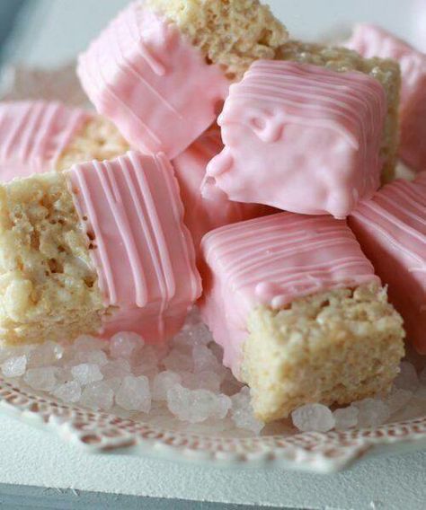 These look so cute.  I'll buy little debbie marshmallow treats, melt white choclate, add a bit of food coloring and dip/drizzle.  Seems easy and yummy. Baby Shower Desserts Girl, Baby Shower Elegante, Baby Shower Food For Girl, Pinterest Baby, Buffet Dessert, Baby Shower Treats, Chic Baby Shower, Shower Desserts, Baby Shower Desserts