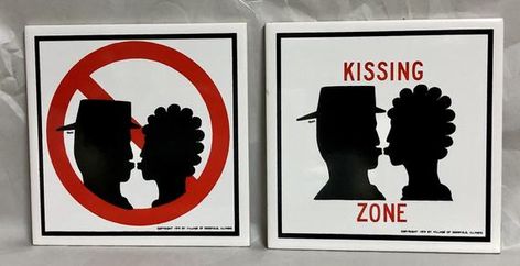 Set of two 1979 ceramic tile reproductions of kissing zone and no kissing zone signs found in Deerfield, Illinois. In 1979 town officials displayed these signs at the railroad station in order to maintain a steady flow of commuter traffic. Each tile portrays the silhouettes of a man and woman facing Wall Plate Holder, Disney Hong Kong, Public Display Of Affection, Chicago History, Plastic Hangers, Vintage Americana, Plate Holder, Bathroom Signs, Decorative Tile