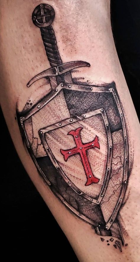 Knights Of Templar Tattoo, St George Shield Tattoo, Crusader Shield Tattoo, Christian Shield Tattoos For Men, Armor Of God Tattoo For Men Forearm, Crusader Helmet Tattoo, Helmet Of Salvation Tattoo, Crusades Tattoo, Crusader Cross Tattoo