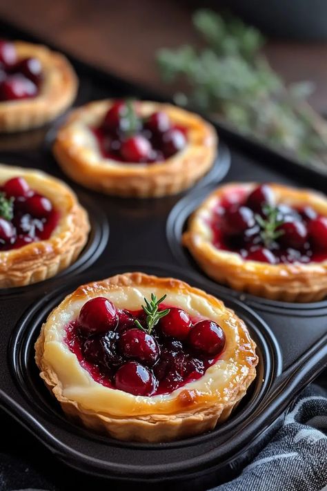 Cranberry Brie Mini Tarts – A Perfect Holiday Appetizer! Puff Pastry Tarts With Brie & Prosciutto, Birthday Pastry Ideas, Mini Cranberry Tarts, Cranberry Tarts Mini, Cranberry Brie Puff Pastry Pinwheels, Christmas Mini Tarts Desserts, Xmas Pastry Ideas, Puff Pastry Cranberry Brie Bites, Mini Brie Recipes