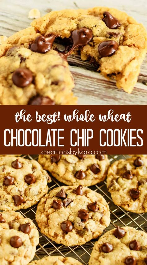 Ooey gooey WHOLE WHEAT CHOCOLATE CHIP COOKIES -everyone loves these cookies, and no one can tell they are made with whole wheat flour. An easy and amazing chocolate chip cookie recipe! #wholewheatchocolatechipcookies #wholewheatcookies #wholewheatoatmealcookies #chocolatechipcookies -from Creations by Kara Wheat Flour Chocolate Chip Cookies, Whole Wheat Flour Chocolate Chip Cookies, Chocolate Chip Cookies With Whole Wheat Flour, Cookies Made With Whole Wheat Flour, Whole Wheat Flour Cookies, Wheat Flour Cookies, Whole Wheat Chocolate Chip Cookies, Wheat Chocolate Chip Cookies, Whole Wheat Cookies