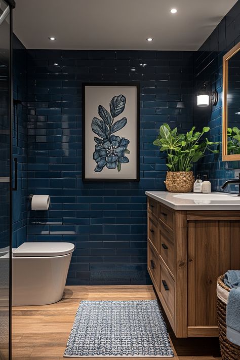 Top 24+ Dark Blue Apartment Designs You’ll Love Navy And Silver Bathroom, Dark Blue Tile Shower Ideas, Navy Blue Bathroom Tile, Dark Blue Bathroom Tiles, Dark Blue Tile Bathroom, Dark Navy Bathroom, Blue Apartment Aesthetic, Bathroom Design Blue, Dark Blue Tiles