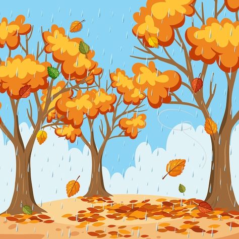 Forest Background Illustration, Autumn Cartoon, Autumn Rain, Forest Background, Forest Art, Autumn Forest, Background Illustration, Vector Photo, Premium Vector