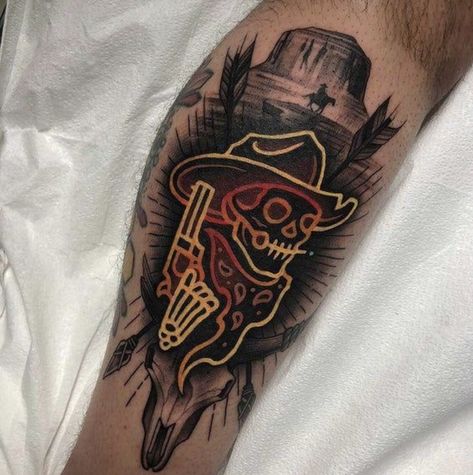 Jake Gordon Tattoo, American Traditional Wrench Tattoo, Traditional Bicep Tattoo Men, Western Elbow Tattoo, Cowboy Tattoos For Men Traditional, American Traditional Skeleton Tattoo, Western Tattoo For Men, American Traditional Tattoos Cowboy, Cowboy American Traditional Tattoo