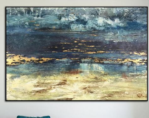 Acrylic Modern Painting, Abstract Art Blue, Gold Painting, Yellow Wall Art, Grand Art Mural, Yellow Wall, Stretched Painting, Seascape Art, Large Abstract Painting