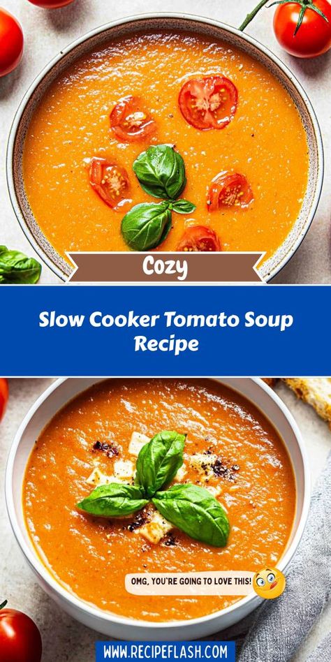 Enjoy a cozy night in with our Slow Cooker Tomato Soup Recipe. This comforting soup features a blend of fresh tomatoes and herbs, simmered to perfection for a rich, hearty flavor. Perfect for busy weeknights, it pairs wonderfully with crusty bread. A delicious addition to any soup lover's collection! Overnight Crockpot Tomato Soup, Tomato Soup Recipe Crock Pot, Tomato Soup Crock Pot, Tomato Basil Soup Crockpot, Crock Pot Tomato Soup, Tomato Parmesan Soup, Crockpot Tomato Soup, Slow Cooker Tomato Soup, Tomato Rice Soup