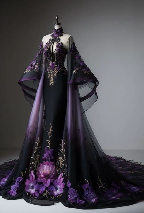 Fairy Aesthetic Outfit, Black And Purple Dress, Elven Style, Villain Dresses, Fairy Ball, Gaun Abad Pertengahan, Victorian Accessories, Magical Dress, Prom Outfit