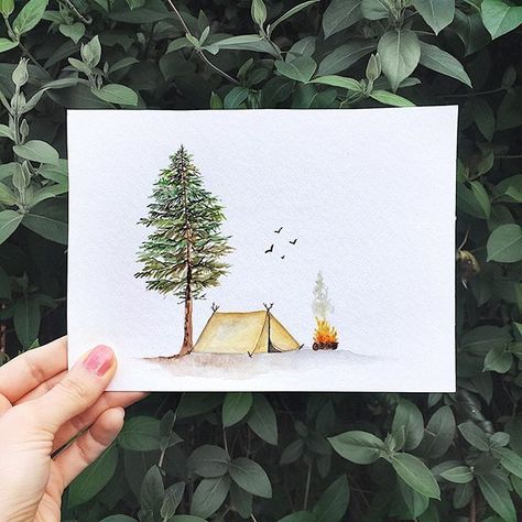 (@rosies.sketchbook) A camp fire doodle, I had seen a simple doodle like this before and decided to make one myself with watercolours Simple Camping Painting, Easy Watercolor Nature, Watercolor Camping Scene, Camping Watercolor Painting, Simple Mountain Watercolor, Watercolour Inspiration Simple, Simple Tree Painting, Camp Watercolor, Fire Doodle