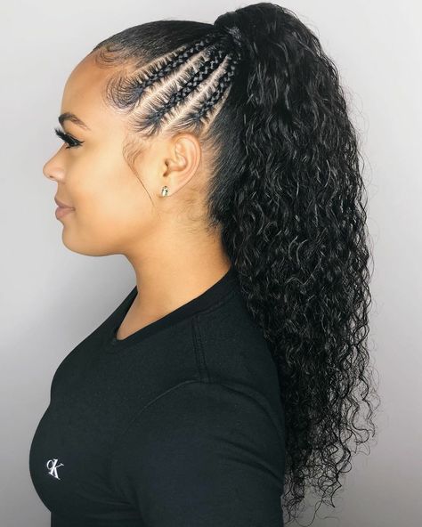 Ponytail With Cornrows On The Side, Ponytail With Braids In Front Black Hair, Conrow Ponytails, Braided Curly Ponytail, Cornrow Ponytail, High Ponytail Hairstyles, Weave Ponytail Hairstyles, Sleek Ponytail Hairstyles, Weave Ponytail