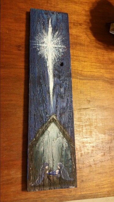 Nativity Wood Crafts, Paintings For Christmas Gifts, Ideas For Christmas Paintings, Christmas Art On Wood, Pine Cone Pictures, Christmas Painted Boards, Diy Painting On Wood, Christmas Painting Ideas On Wood, Rustic Christmas Painting