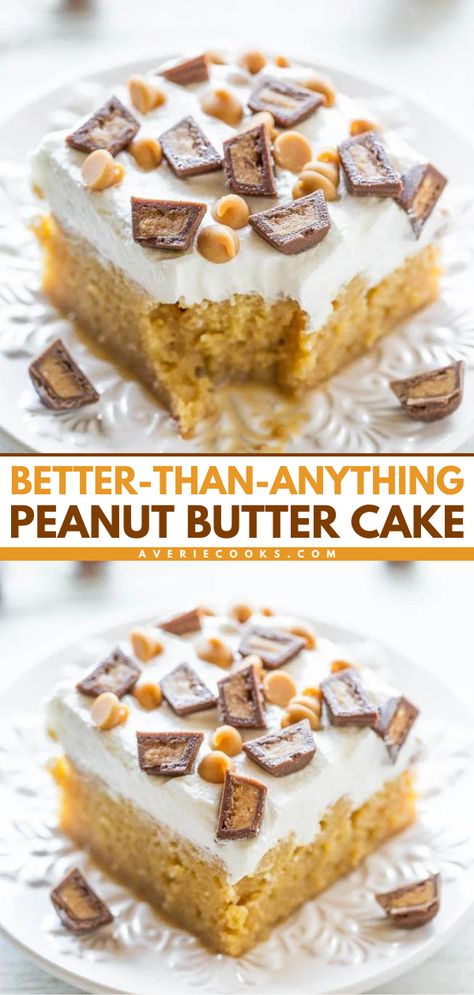 Peanut Butter Poke Cake — This peanut butter poke cake is a super easy cake recipe. It's packed with peanut butter flavor and topped with a mix of peanut butter chips and peanut butter cups. Poke cakes don't get tastier than this! Cake With Peanut Butter, Peanut Butter Poke Cake Reeses, Peanut Butter Pudding Cake, 9x9 Cake Recipe, Peanut Butter Tres Leches Cake, Peanut M&m Cake, Peanutbutter Chocolate Cake, Peanut Butter Coffee Cake, Peanut Butter Thanksgiving Dessert