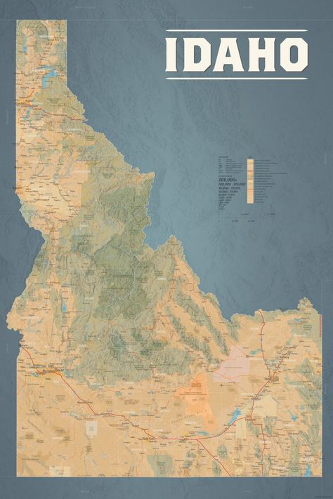 "This decorative wall map of Idaho features brilliant colors, a unique styling, and extensive detail. It includes: -Counties, cities & towns (even the tiny ones) -Rivers, lakes & reservoirs -Major roads -Mountain range names & detailed shaded relief -Prominent peaks -Idaho State Parks -Federal lands (National Forests, National Recreation Areas, National Wildlife Refuges...) One last bonus: It's designed and printed in Idaho! 24\" x 36\" digital print on satin photo paper Framing with a mount on Living In North Carolina, Idaho State, Amazing Maps, Unique Styling, California Map, Wall Map, Credit Union, Wall Maps, Window Painting