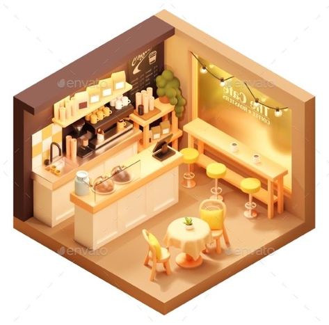 Vector Isometric Small Coffee Shop or Cafe Isometric Art Cafe, Isometric Cafe Illustration, Cafe Decoration Ideas Coffee Shop, Cafe Isometric, Isometric Coffee Shop, Isometric Cafe, Caffe Ideas, 3d Coffee Shop, Coffee Shop Table