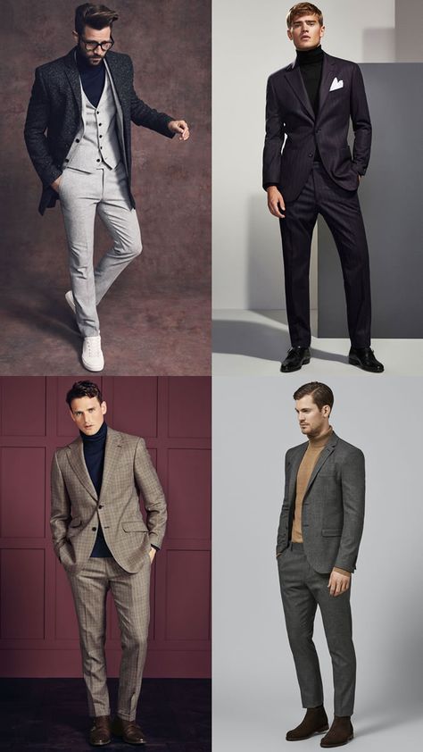 How to wear a roll or turtle neck with a suit or blazer Suit Jacket With Turtle Neck Men, Mock Neck Suit Men, Turtle Neck And Suit Men, Turtle Neck Suit Men Wedding, Sweater Suit Men, Turtle Neck Tuxedo Men, Turtle Neck Suits Men, Blazer And Turtleneck Outfits Men, Turtle Neck And Blazer Men