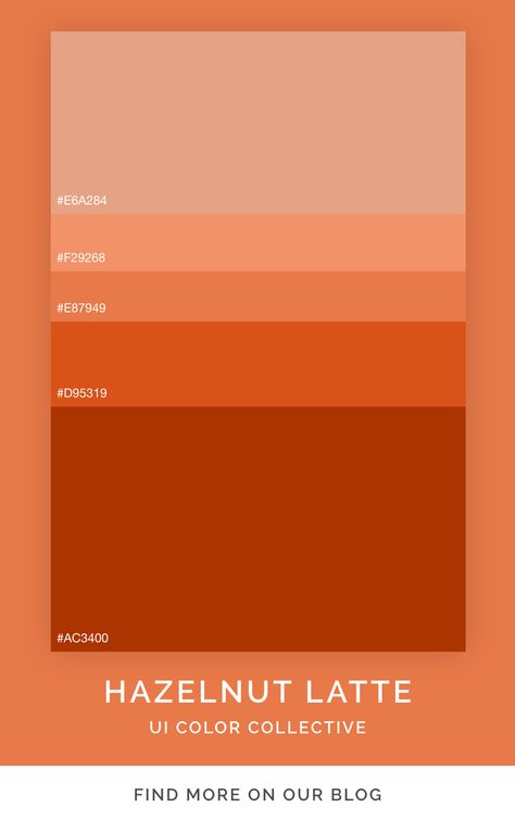 Brown and earthy color palette themed after a hazelnut coffee. Use these colors to inspire your next interior design or painting project. Orange To Brown Color Palette, Hazelnut Color Palette, Pastel Orange Color Palette, Brown Orange Color Palette, Orange Brown Color Palette, Bakery Color Palette, Latte Color Palette, Coffee Color Palette, Color Palette Orange