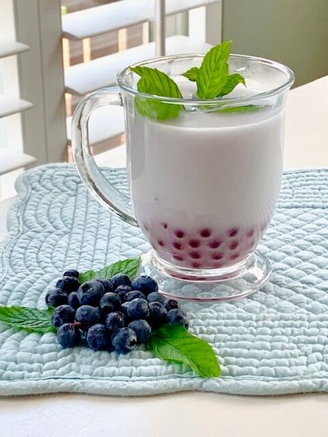 Blueberry Bubble Tea | Our Good Life Blueberry Bubble Tea, Tapioca Pearls, Steeped Tea, Heavy Cream, Bubble Tea, Mason Jar Mug, Tea Bag, Gluten Free Vegetarian, Mason Jars