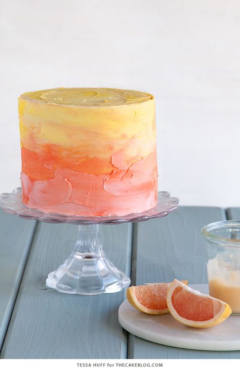 Sunset Cake Design, Red And Yellow Cake, Sunset Birthday Theme, Sunrise Cake, Sunset Cake, Buttercream Icing Cake, Orange Birthday Cake, Grapefruit Cake, Grapefruit Curd