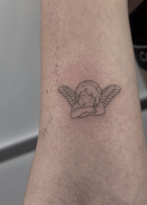 Angle Baby Tattoos For Women, Fineline Angel Tattoo, Angel Tattoo Aesthetic, Fine Line Tattoo Angel, Angel Tattoo Simple, Fine Line Angel Tattoo, Grandma Tattoo Ideas, Angel Energy Tattoo, Small Outline Tattoos