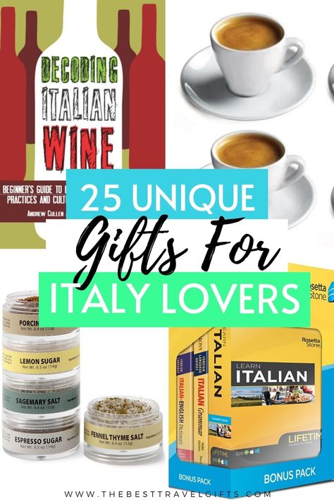 Do you need to find Christmas gifts for Italy lovers? Or is someone you know traveling or moving to Italy soon? Check out these 25 unique Italian gifts that go beyond the pizza recipe books! #Italy #Italian #Italygifts #Italylovers Italian Gift Ideas, Italian Gift Basket Ideas, Italy Gift Basket, Gift For Someone Traveling, Italy Gifts, Italian Boyfriend, Gifts From Italy, Italy Souvenirs, Italian Gift Baskets