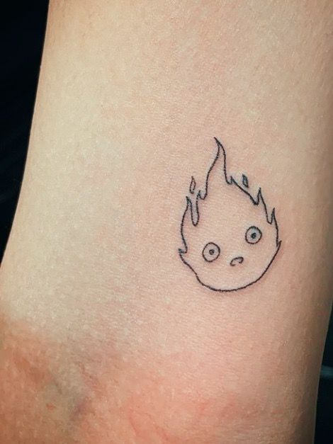 Small Fire Tattoo Ideas, Minimalistic Anime Tattoo Ideas, Minimalistic Fire Tattoo, Aesthetic Anime Tattoos Simple, Minimal Ghibli Tattoo, Medium Simple Tattoos, Fire Princess Tattoo, Small Simple Anime Tattoos, Cute Line Tattoos Simple