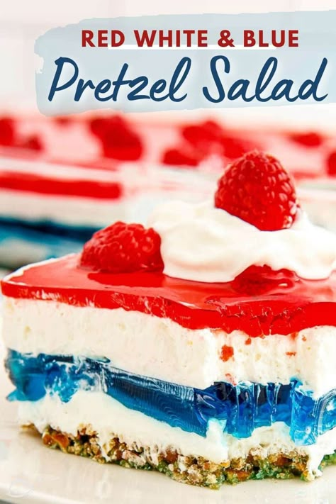 4th Of July Jello Pretzel Salad, Patriotic Jello Salad, Layered Jello Mold Recipes, Red White Blue Pretzel Salad, Patriotic Fluff Salad, 4th Of July Lasagna, 4th Of July Jello Salad, Cold 4th Of July Desserts, Blueberry Jello Dessert