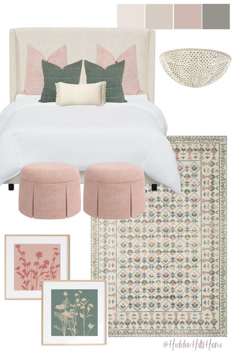 Girls bedroom decor mood board with pink and green accents Pink And Green Guest Bedroom, Green And Pink Girls Room, Teen Girl Bedroom Mood Board, Neutral Teen Girl Bedroom, Light Green And Pink Bedroom, Pink And Green Girls Bedroom, Girls Bedroom Mood Board, Green Girls Bedroom, Green Upholstered Bed