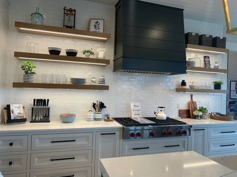 Kitchen Floating Shelves Near Stove, Floating Shelves Over Cooktop, Kitchen Hood Ideas With Floating Shelves, Kitchen Vent Hood With Floating Shelves, Floating Shelves Kitchen Next To Hood, Floating Shelves With Microwave, Oven Hood With Open Shelving, Floating Shelves Around Stove, Kitchens With Floating Shelves And Cabinets