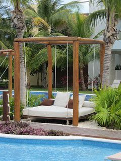 Swinging Pool Daybed | biblio tyto | Flickr Bed Hammock Outdoor, Day Bed Porch, Outdoor Daybed Diy, Pool Daybed, Bed Porch Swing, Diy Cabana, Patio Swings, Porch Swing Plans, Patio Upgrade