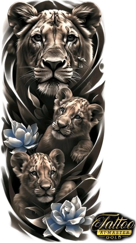 Lion Cubs Tattoo Design, Lioness And Cub Tattoo, Lioness Tattoo Design, Female Lion Tattoo, Lion Stencil, Cubs Tattoo, Lioness Tattoo, Lion Tattoo Sleeves, Female Lion