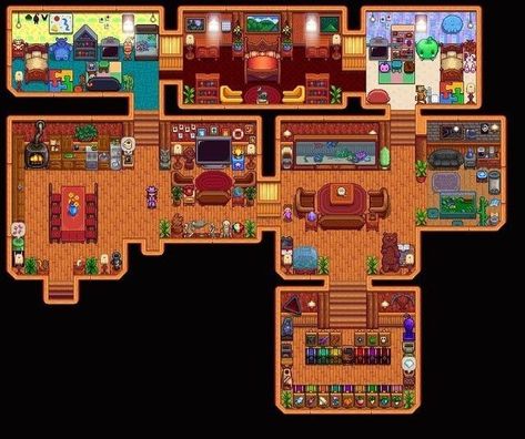 Stardew Valley Inside House, Stardew Valley Home Interior Aesthetic, Interior Design Stardew Valley, Stardew Valley House Interior Modern, Stardew Valley House Interior Ideas Cute, Stardew Valley House Interior Aesthetic, Farmhouse Stardew Valley, Stardew Farmhouse Interior, Stardew Valley Bedroom Ideas