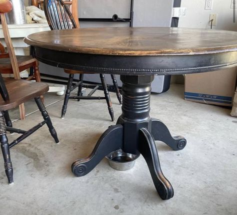 Restored Kitchen Table, Antique Dining Room Table Makeover, Mission Table Makeover, Antique Dining Room Table, Farmhouse Style Living Room Decor, Black Kitchen Table, Dining Room Table Makeover, Round Dining Room Sets, Dining Table Makeover