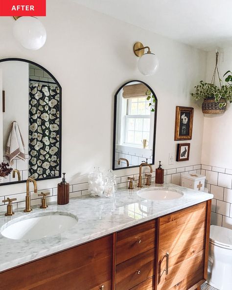 After: a double bathroom sink with marble counter tops and brown wooden cabinets below 1980s Bathroom, Penny Tile Floors, Interior Design Bathroom, Modern Bathroom Ideas, Bathroom Remodel Cost, Penny Tile, Shower Fixtures, Brown Bathroom, Double Sink Bathroom