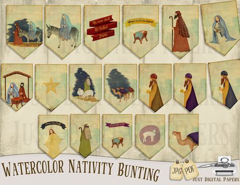 Watercolor Nativity, Bunting Printable, Nativity Creche, Scrapbook Frames, Christmas Bunting, Christmas Banners, Gold Paper, Diy Journal, Baby Jesus