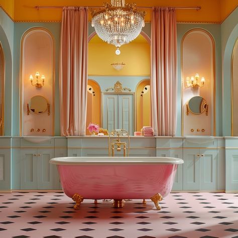 Colorful Luxury Aesthetic, Wes Anderson Bathroom, Colored Tile Bathroom, Neon Installation, Coquette Bathroom, Hollywood Regency Bathroom, 80s Interior, Dream House Interior, Bathroom Inspo