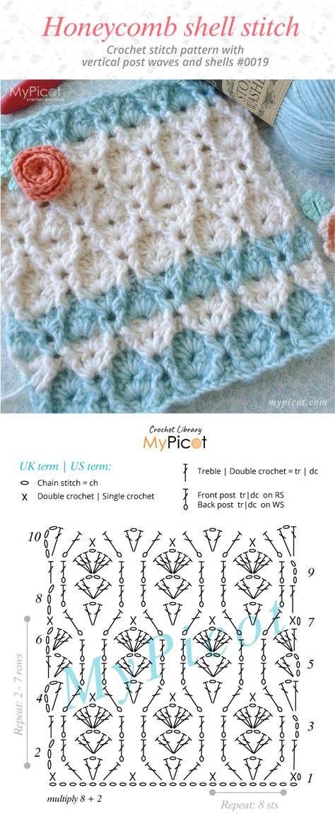 Honeycomb shell stitch creates a solid and dense textured fabric with vertical waves. This classic crochet stitch is great for clothing, accessories and baby blankets. On our website, you can download a free JPG/PDF diagram for Honeycomb shell stitch #0019. Advanced Crochet Stitches, Crochet Blanket Stitch Pattern, Advanced Crochet, Crochet Stitches Diagram, Crochet Stitches Free, Creative Crochet, Shell Stitch, Crochet Books, Crochet Diagram