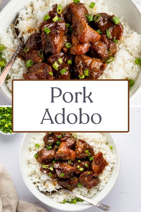 Tender, slow-cooked pork adobo is an easy recipe full of rich, tangy, slightly sweet flavors. Serve it over a bed of rice or on its own for a simple but delicious meal! Pork Adobo Recipe, Filipino Pork Recipes, Asian Pork Recipes, Pork Shoulder Recipes, Bowl Of Rice, Pork Adobo, Adobo Recipe, Slow Cooked Pork, Adobo Chicken