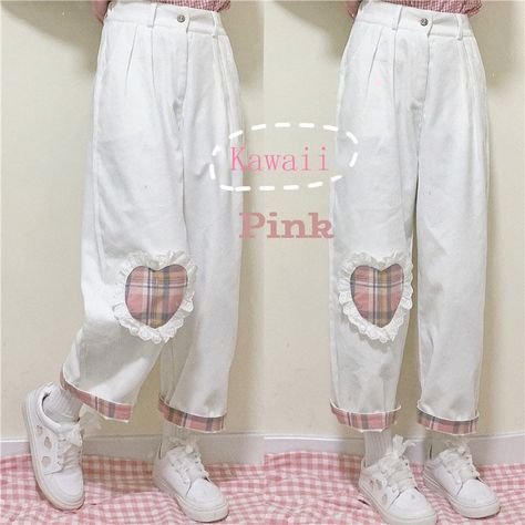 Kawaii Pants, Estilo Harajuku, Corduroy Pants Women, Style Kawaii, Japanese Harajuku, Heart Patch, Kawaii Dress, Patched Jeans, Girls Love