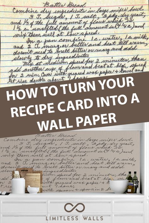 Images of recipe wall murals have been making their way around the internet, and we get a lot of curious customers asking about how they, too can have their very own wall mural! Here are some tips, tricks, and frequently asked questions to get you on your way. #recipe #recipemural #recipewallpaper #handwrittenrecipe #recipewall #diy #kitchenwallpaper #kitchendecor #kitcheninspo #recipecard #handwrittenrecipewallpaper #recipediy #kitchengoals #kitchenkeepsake Recipe Wall Decor, Recipe On Wall, Recipe Transfer Ideas, Recipe Wallpaper Kitchen, Recipe On Wall Kitchen, Recipe Wall Art Kitchens, Handwritten Recipes Wall Art, Framing Old Recipes Wall Art, Recipe Wallpaper