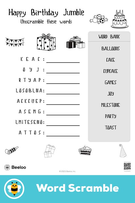 Medium birthday-themed word scramble for kids ages 6 and up Word Scramble For Kids, Happy Birthday Theme, Scramble Words, Happy Birthday Cards Printable, Crafts And Activities For Kids, Birthday Activities, Balloon Cake, Word Scramble, Word Bank