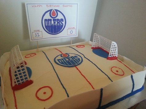 Hockey Rink Cake that I made for an Edmonton Oilers fan. Edmonton Oilers Cake, Hockey Rink Cake, Oilers Cake, Hockey Birthday Cake, Felix Birthday, Playoff Party, Kids Birthday Crafts, Hockey Cakes, Hockey Birthday Parties