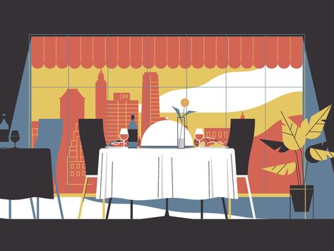 Restaurant by Dmitry Stolz on Dribbble Restaurant Illustration, Figure Drawing Practice, Terrace Restaurant, Food City, Riso Print, Restaurant Food, Victorian Art, Animated Drawings, Flat Illustration