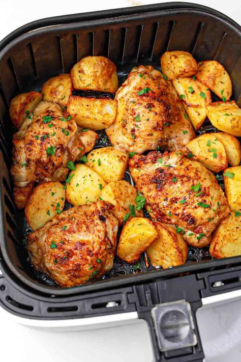 Air Fryer Chicken Thighs And Potatoes - K's Cuisine Chicken Thigh Potato Crockpot, Chicken Potato Air Fryer, Air Fryer Chicken And Potatoes Recipes, Chicken And Potato Air Fryer Recipes, Chicken And Potatoes In Air Fryer, Air Fryer Chicken Recipes Healthy, Air Fryer Chicken Thighs Boneless Skinless, Air Fryer Chicken Thighs Bone In Skin On, Chicken Thighs Recipes Air Fryer