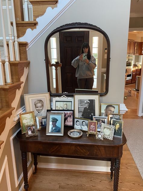 Dresser Picture Display, Framed Photos On Table, How To Style Picture Frames On Table, Table Photo Display Ideas, Picture Frames On Table, Old Family Photos Display, Frames On Table, Condo Makeover, Picture Frame Table